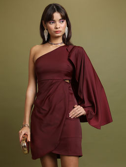 TOKYO TALKIES - Women Maroon Satin One Shoulder Cape Dress