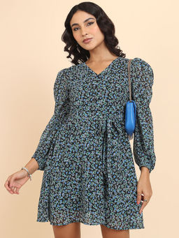 TOKYO TALKIES - Women Navy Blue Floral Printed Fit And Flare Dress With Belt