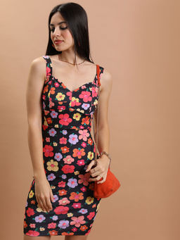 TOKYO TALKIES - Women Black Floral Printed Shoulder Straps Dress
