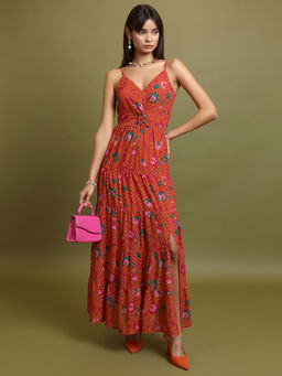 TOKYO TALKIES - Women Orange Floral Printed Twisted Tiered Maxi Dress