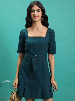 TOKYO TALKIES - Women Teal Solid Pleated Hem Dress