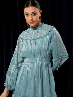 TOKYO TALKIES - Women Green Striped V-Neck Strappy Holiday Midi Dress