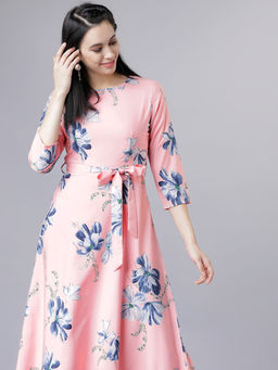 TOKYO TALKIES - Women Pink Floral Print Fit And Flare Maxi Dress with Belt