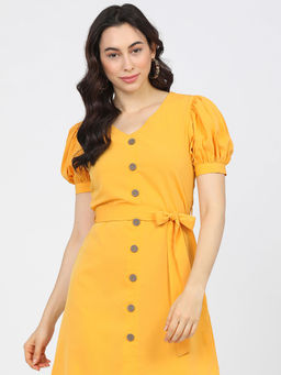 TOKYO TALKIES - Women Yellow Solid Dress with Belt