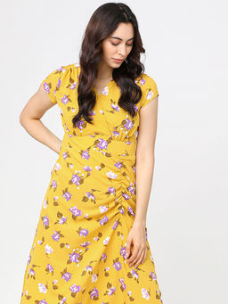 TOKYO TALKIES - Women Yellow Floral Printed A-Line Midi Dress
