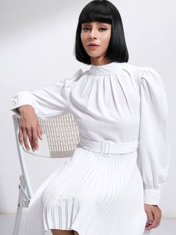 TOKYO TALKIES - Women White Fit And Flare Dress with Belt