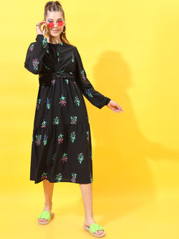 TOKYO TALKIES - Women Black Floral Printed A-Line Midi Dress