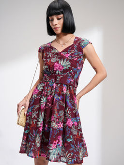 TOKYO TALKIES - Women Floral Print A-Line Dress with Belt