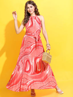 TOKYO TALKIES - Women Print Halter Neck Fit And Flare Dress with Belt