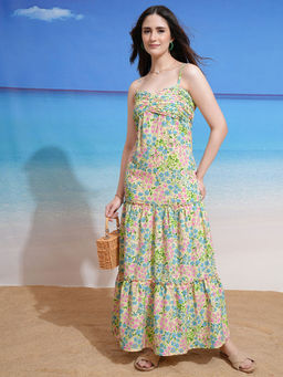 TOKYO TALKIES - Women Yellow And Multi Floral Strappy Pleated Tiered Dress