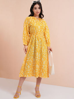 TOKYO TALKIES - Women Yellow Floral Fit And Flare Tie Up Dress