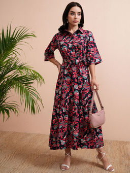 TOKYO TALKIES - Women Navy Blue Printed A-Line Half Sleeve Dress with Belt