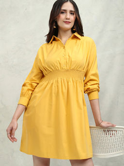 TOKYO TALKIES - Women Yellow Solid Poplin Fit And Flare Dress