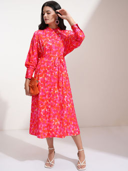 TOKYO TALKIES - Women Fuchsia Printed Waist Tie Up Dress with Belt