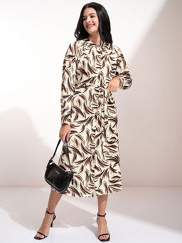 TOKYO TALKIES - Women Beige And Multi Printed Waist Tie Up Dress