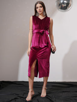 TOKYO TALKIES - Women Purple Sleeveless Velvet Dress with Belt