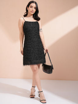 TOKYO TALKIES - Women Black Strappy Fringed Short Dress