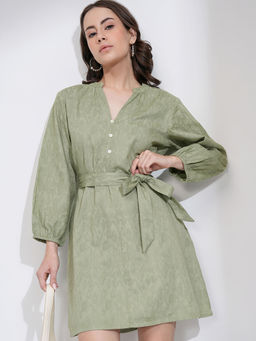 TOKYO TALKIES - Women Green Solid A Line Jacquard Dress with Belt