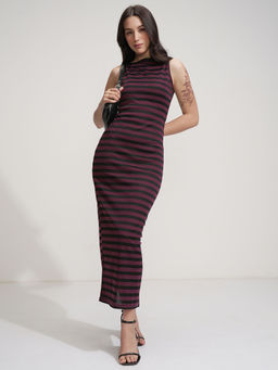 TOKYO TALKIES - Women Purple Black Striped Ribbed Dress