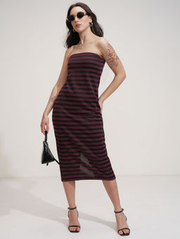 TOKYO TALKIES - Women Purple Black Striped Strapless Length Tube Dress