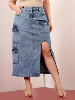 Miss Chase - A+ Curve Collection Plus Size Women's Blue Straight-Fit Denim Midi Skirt