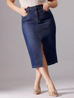Miss Chase - A+ Curve Collection Plus Size Women's Dark Blue A-Line Denim Midi Skirt