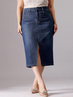 Miss Chase - A+ Curve Collection Plus Size Women's Dark Blue High-Rise Denim Midi Skirt