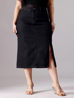 Miss Chase - A+ Curve Collection Plus Size Women's Black Straight-Fit Denim Midi Skirt