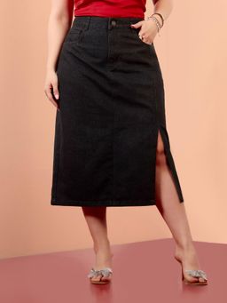 Miss Chase - A+ Curve Collection Plus Size Women's Black Straight-Fit Denim Midi Skirt