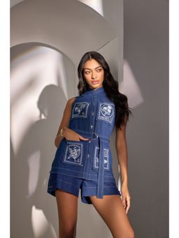 Label Deepika Nagpal - Blue Odessa Embroidered Co-Ord with Belt (Set of 3)