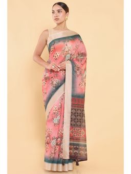 Soch - Women Multi-Color Linen Printed Saree with Stitched Blouse