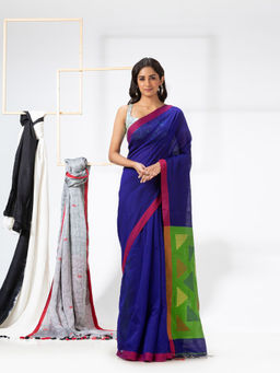 Angoshobha - Blue Cotton Blended Festive Jamdani Saree with Unstitched Blouse