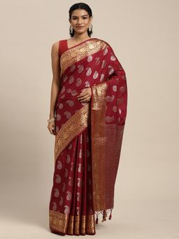 Mimosa - Women's Kanjivaram Art Silk Burgundy Saree with Unstitched Blouse