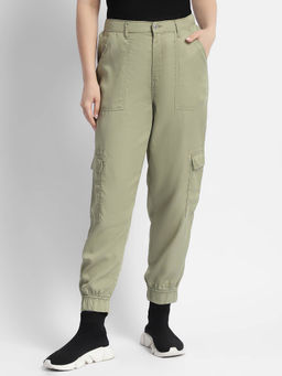 Madame - Womens Tapered Fit Olive Mid Rise Cargo Joggers