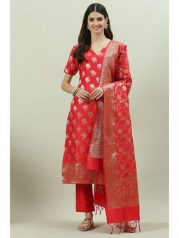Biba - Red Silk Unstitched Suit (Set of 3)