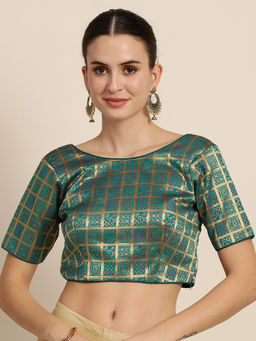 Mimosa - Women Teal Green & Golden Woven Design Readymade Saree Blouse