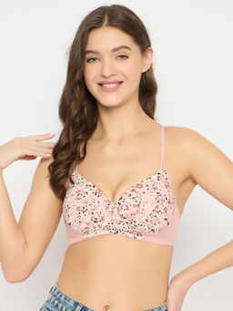 Clovia - Polyamide Printed Padded Full Cup Wire Free T-Shirt Bra - Pink