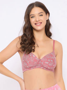 Clovia - Cotton Printed Padded Full Cup Wire Free T-Shirt Bra - Pink