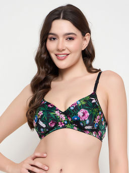 Clovia - Polyamide Printed Padded Full Cup Wire Free T-Shirt Bra - Black