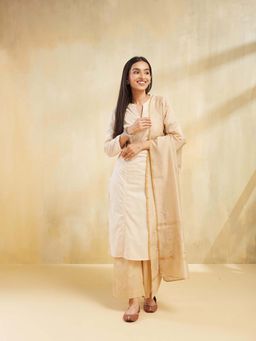 Fabindia - Beige Cotton Silk Blend Chikankari Dupatta