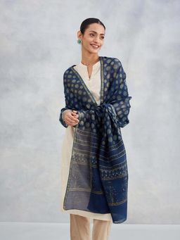 Fabindia - Blue Cotton Silk Blend Dabu Printed Dupatta