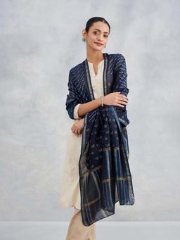 Fabindia - Blue Cotton Silk Blend Dabu Printed Dupatta