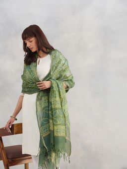 Fabindia - Green Silk Blend Dabu Printed Dupatta