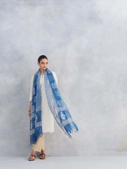 Fabindia - Blue Cotton Silk Blend Dabu Printed Dupatta
