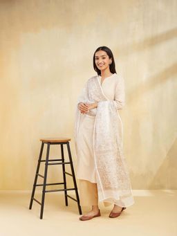 Fabindia - Off White Natural Cotton Silk Hand Block Printed Dupatta