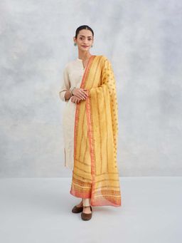 Fabindia - Mustard Cotton Silk Blend Hand Block Printed Dupatta