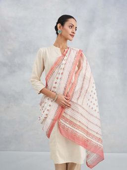 Fabindia - Off White Natural Cotton Silk Blend Hand Block Printed Dupatta