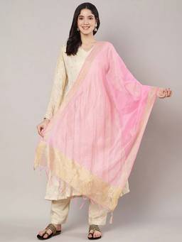 MUFFLY - Pink Banarasi Khicha Patta Cotton Dupatta for Women