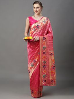 Akhilam - Womens Silk Blend Pink Woven Design Saree with Unstitched Blouse