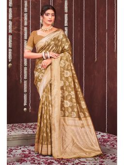 Sangam Prints - Olive Organza Woven Zari Work Traditional Tassel Saree with Unstitched Blouse